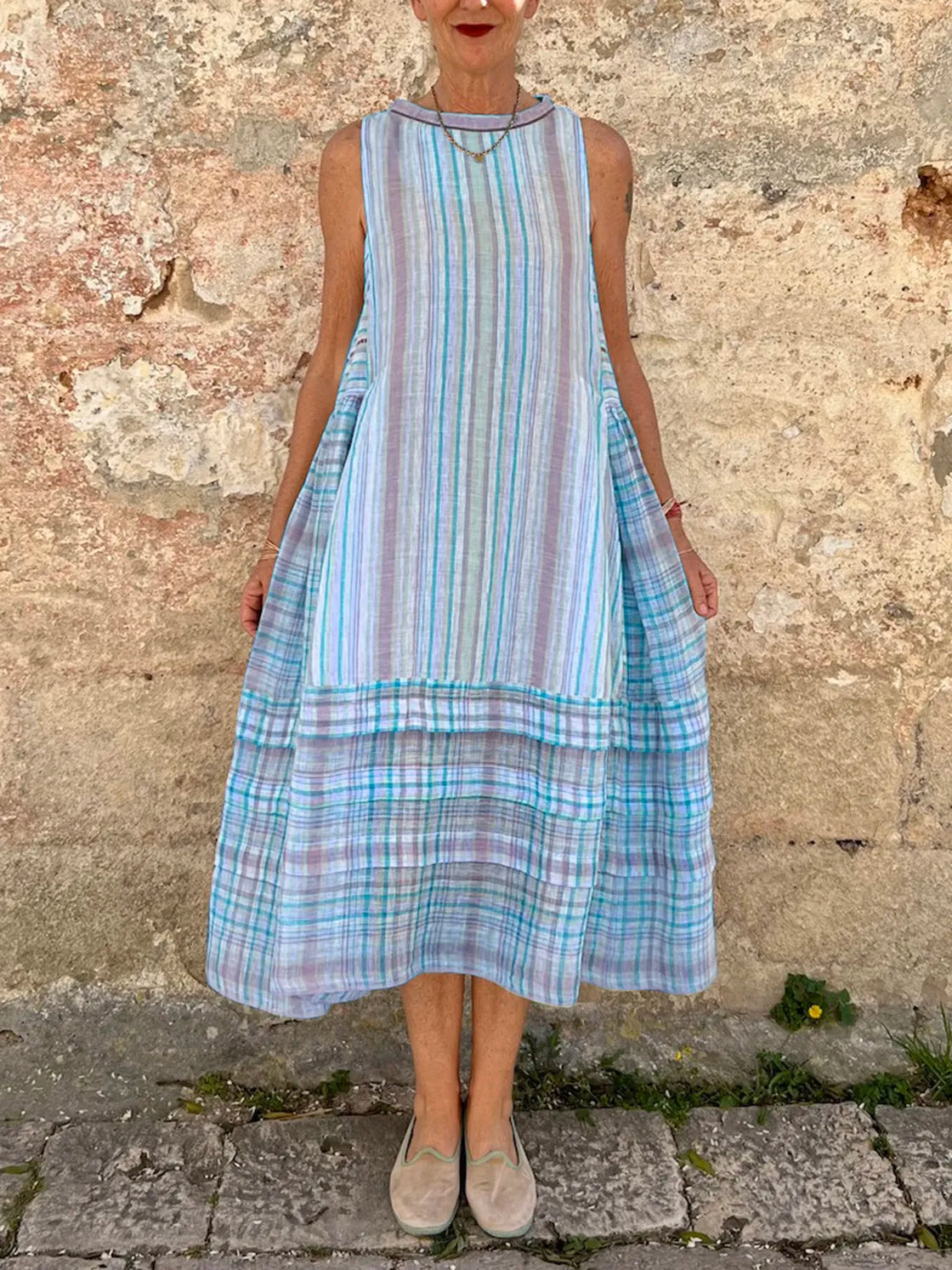 Vestido Mare - De Linho | Longo Listrado Elegante sem Mangas (Queridinho da famosas!)