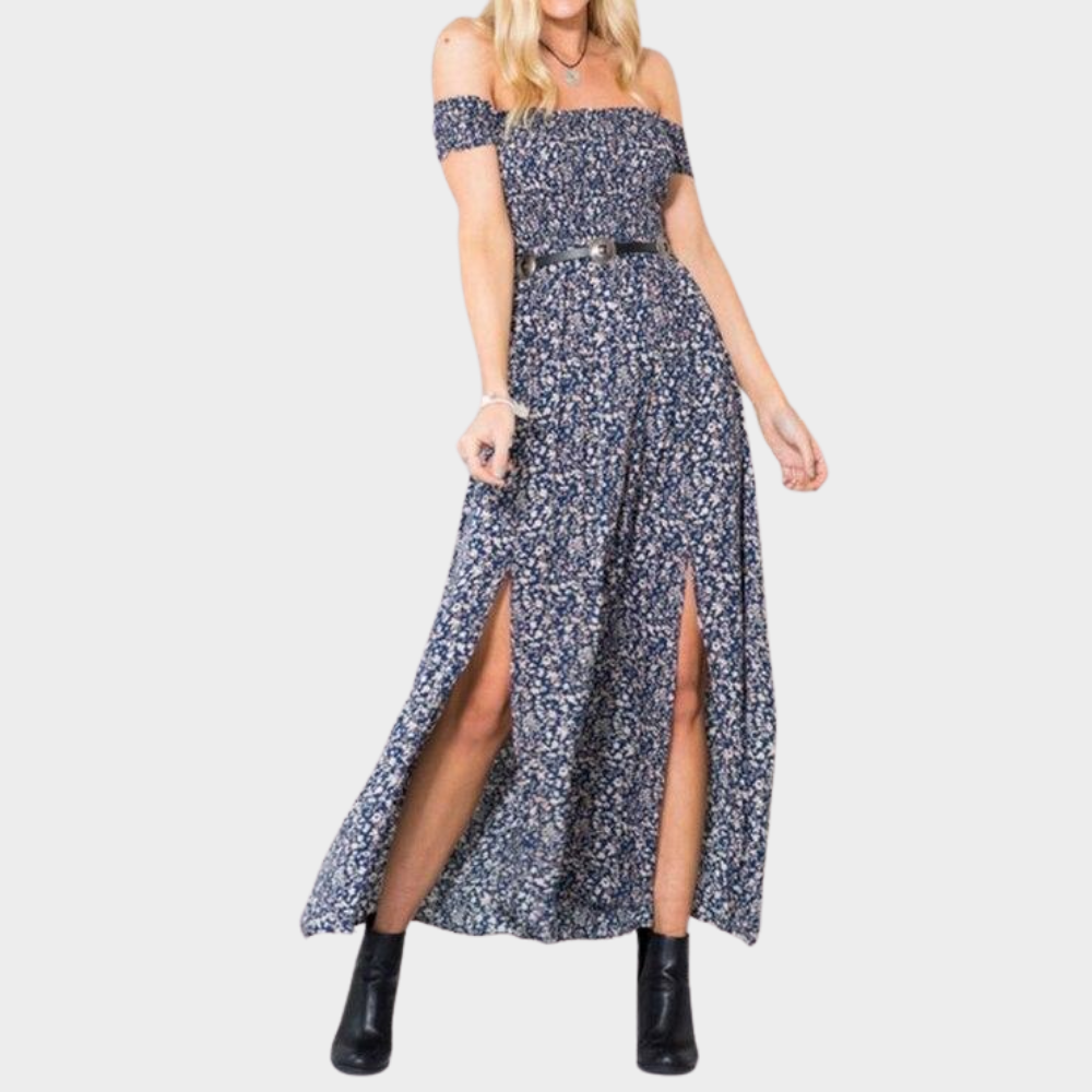 Vestido Longo Estampado Busto e manga Lastex fenda dupla