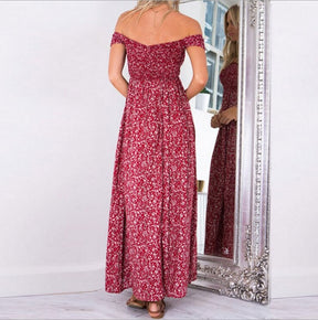 Vestido Longo Estampado Busto e manga Lastex fenda dupla