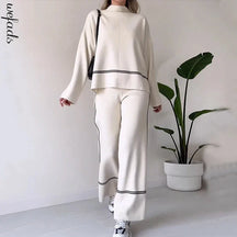 Conjunto de lã macio Calça e Blusa manga longa de gola alta Noruega