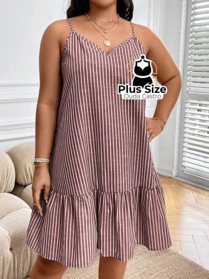 Vestido Listras Cores Soltinho Babado Plus Size