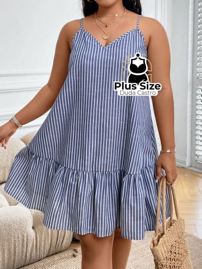 Vestido Listras Cores Soltinho Babado Plus Size