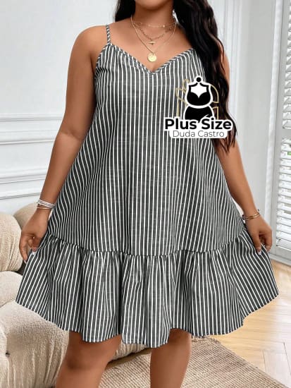Vestido Listras Cores Soltinho Babado Plus Size