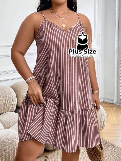 Vestido Listras Cores Soltinho Babado Plus Size
