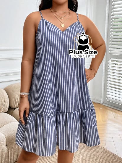 Vestido Listras Cores Soltinho Babado Plus Size