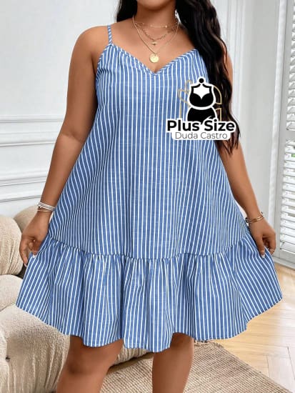 Vestido Listras Cores Soltinho Babado Plus Size