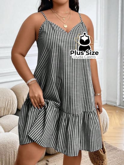 Vestido Listras Cores Soltinho Babado Plus Size