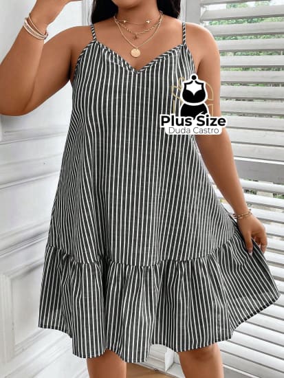 Vestido Listras Cores Soltinho Babado Plus Size